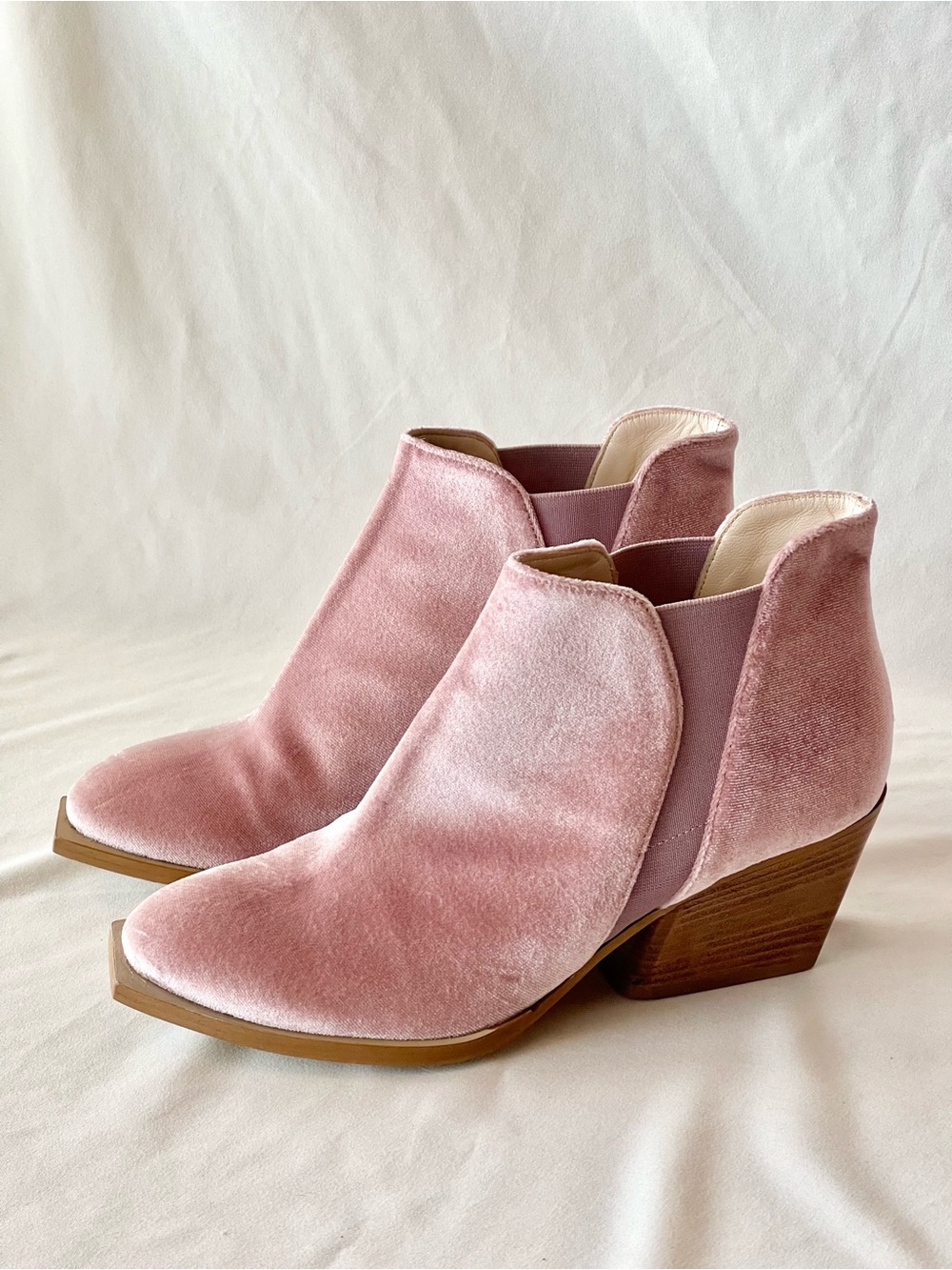 Dee Keller Pink Velvet Ankle Bootie with Block Heel & Square Toe